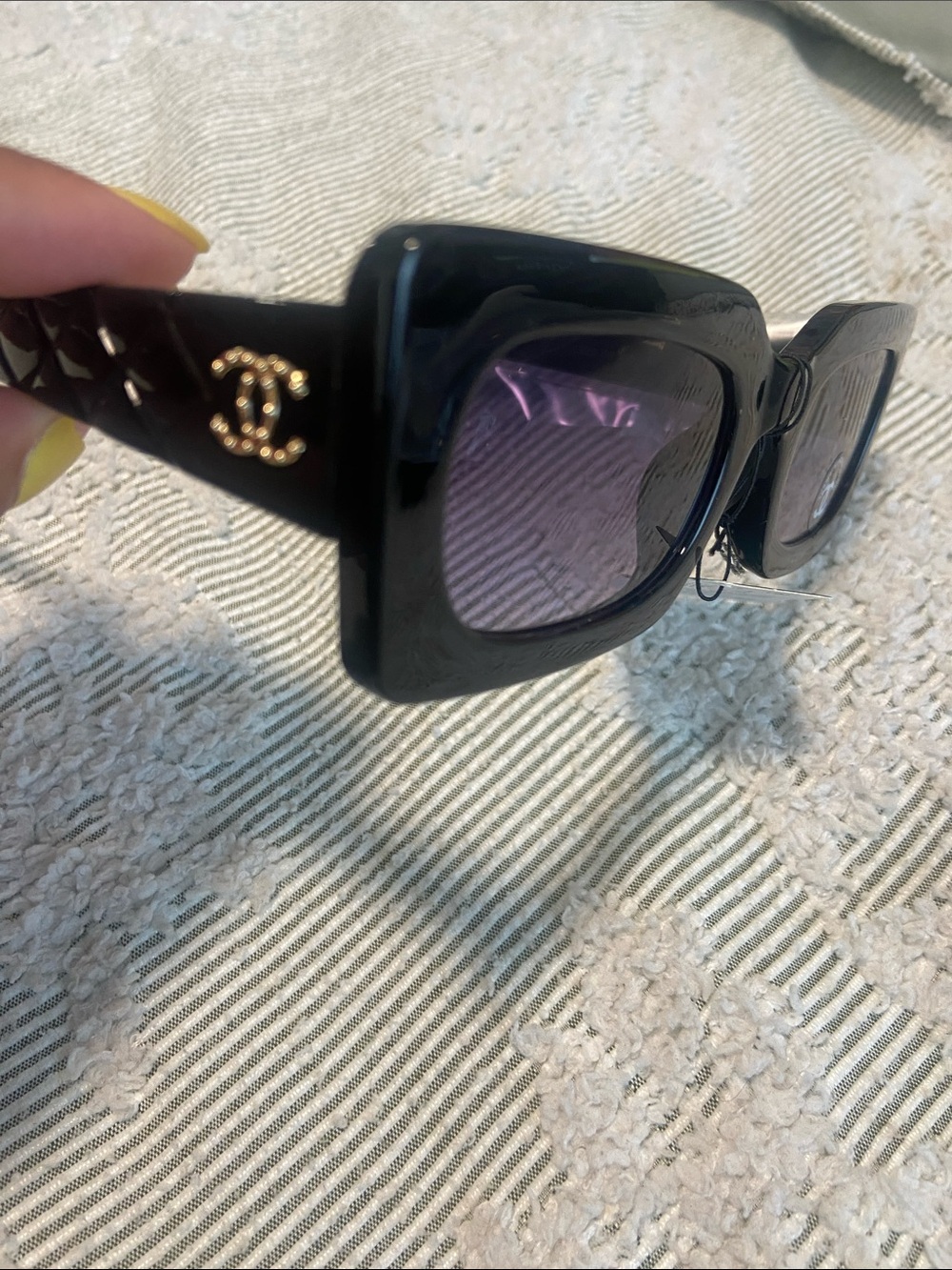 Quilted Black Square Sunglasses with Purple Lenses